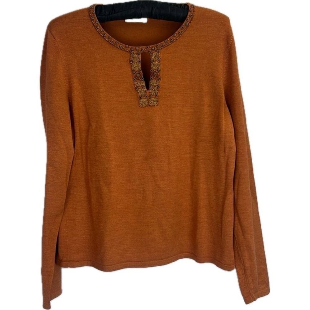 Silk Neiman Marcus Exclusive Crewneck Sweater with Bead Detail Burnt Orange - Picture 1 of 7
